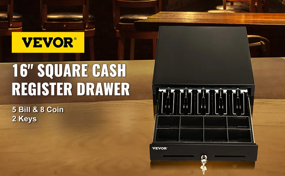 VEVOR 16" cash register drawer with 5 bill and 8 coin slots, 2 keys, on a wooden counter.