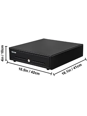 VEVOR cash register drawer, black, compact, dimensions: 16.5in/42cm x 16.1in/41cm x 4in/10cm.
