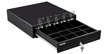 VEVOR cash register drawer with multiple compartments, secure lock, and metal bill clips.