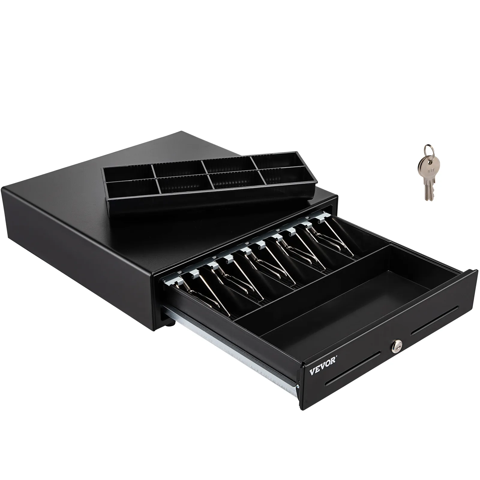 VEVOR cash register drawer with open compartments, keys, and an extra insert tray.