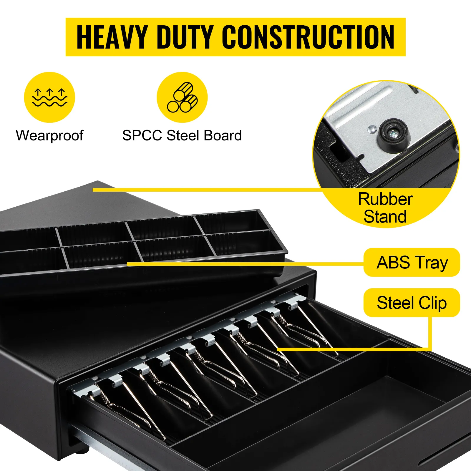 VEVOR cash register drawer with heavy-duty construction, spcc steel board, abs tray, and steel clips.