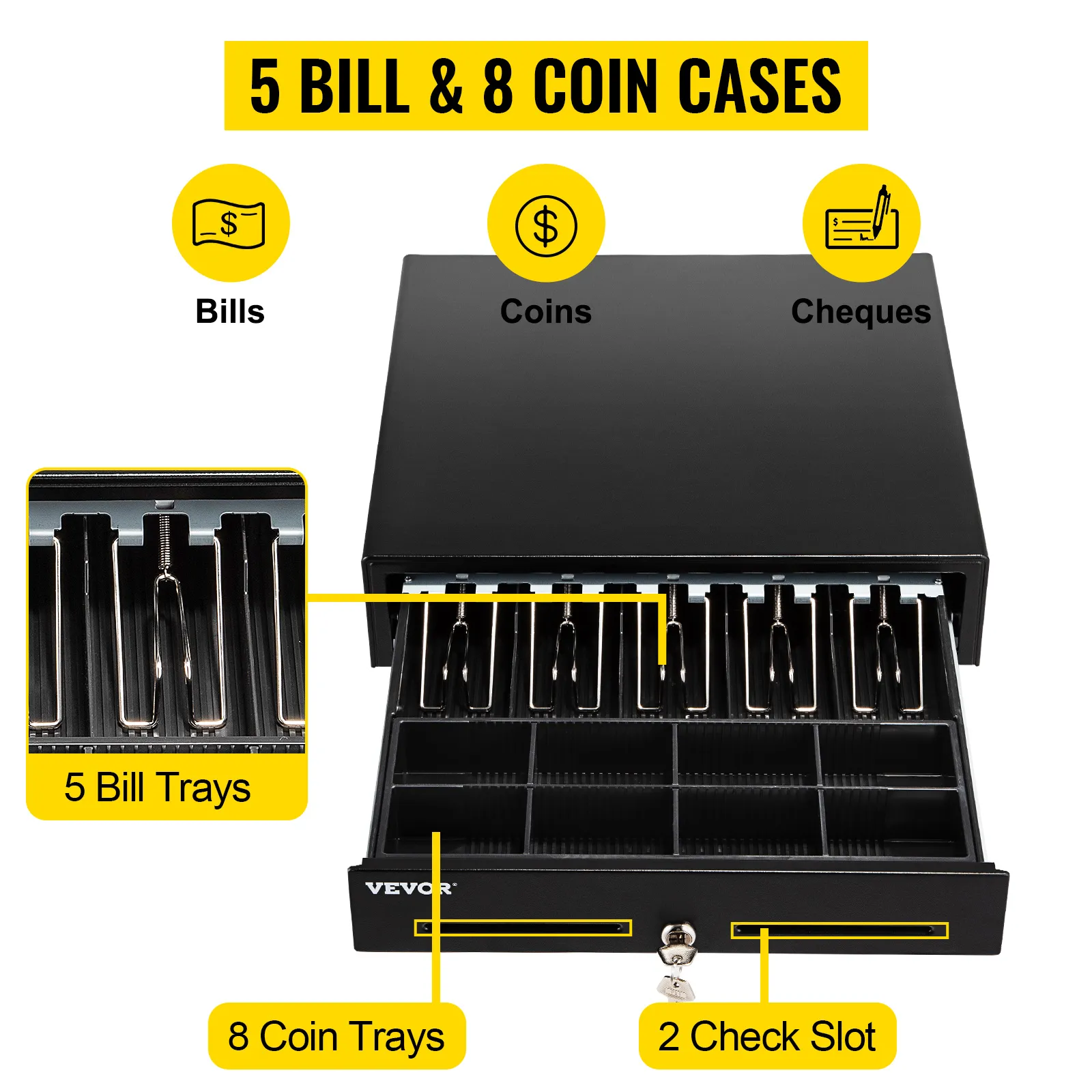 VEVOR cash register drawer with 5 bill trays, 8 coin trays, and 2 check slots.
