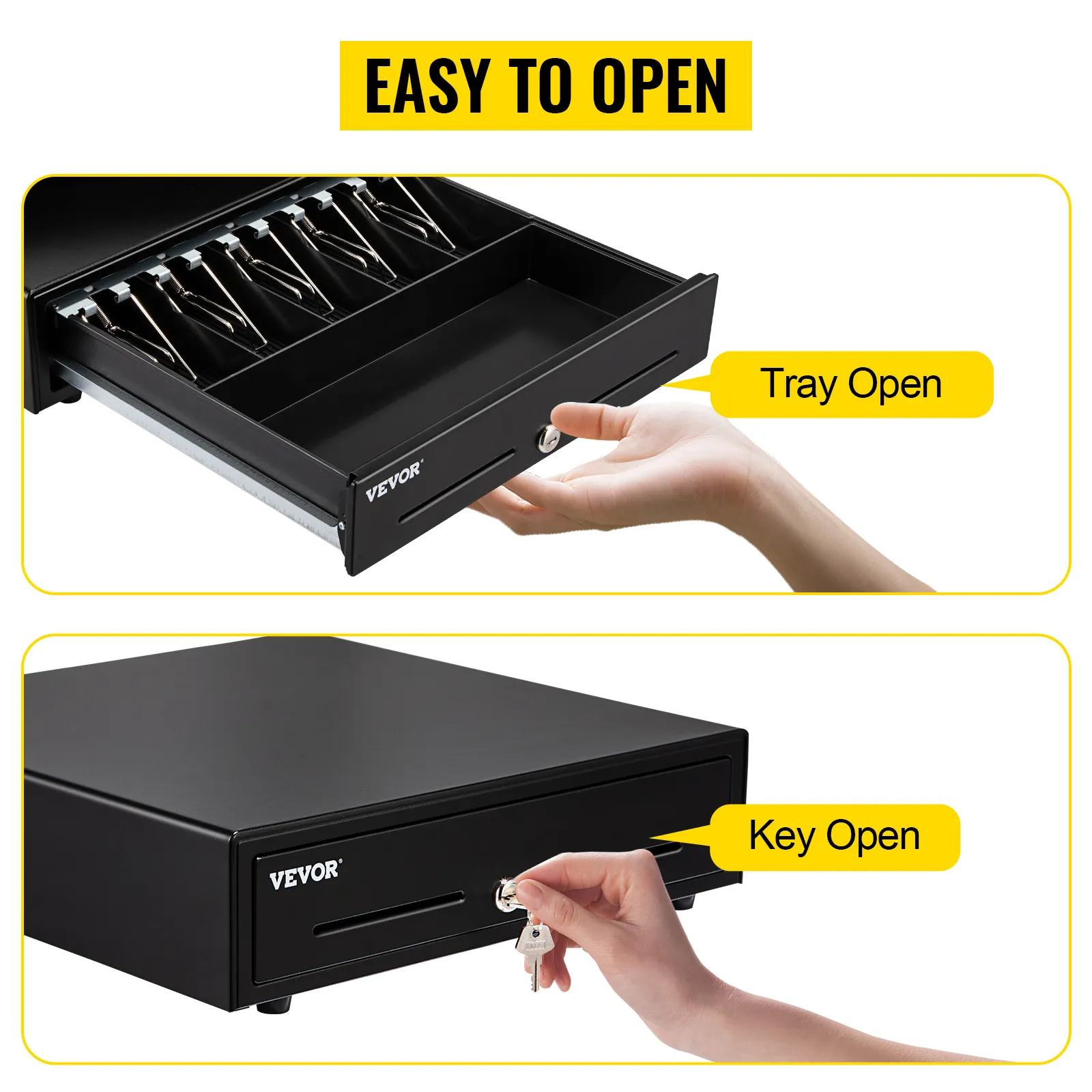 VEVOR cash register drawer with easy-to-open tray and key mechanism for secure transactions.