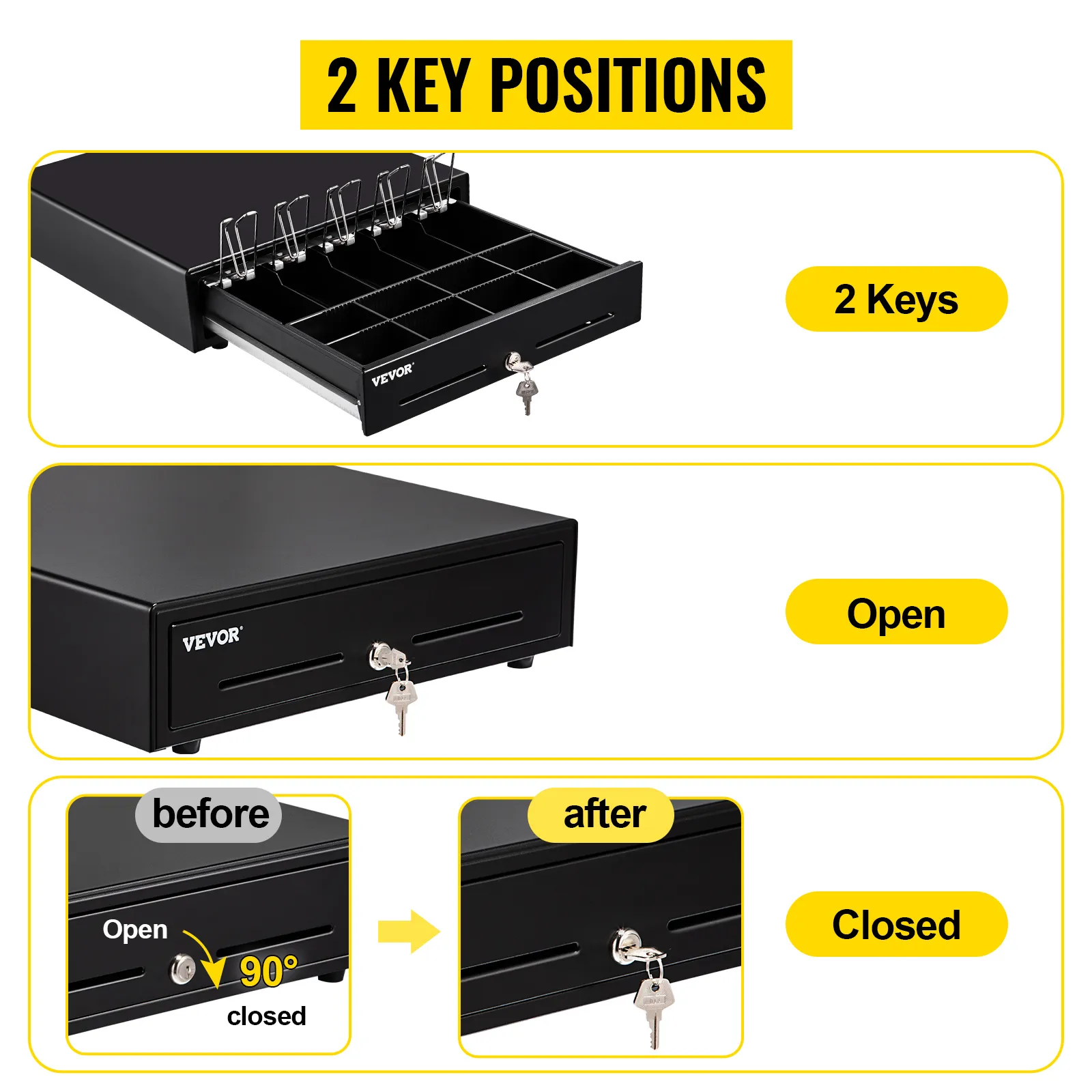 VEVOR cash register drawer with two key positions. image shows keys, open drawer, and closed drawer.