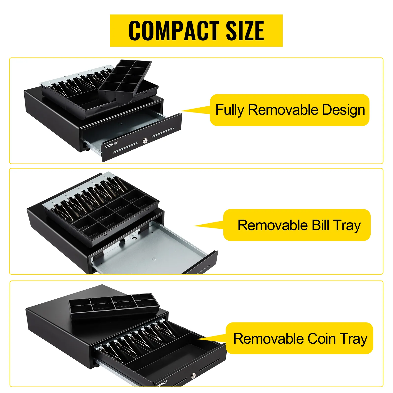 VEVOR cash register drawer with fully removable design, bill tray, and coin tray for compact spaces.