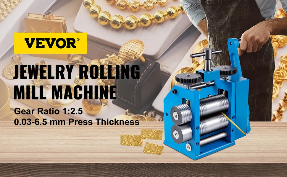VEVOR jewelry rolling mill machine with gears in a jewelry-making setting.