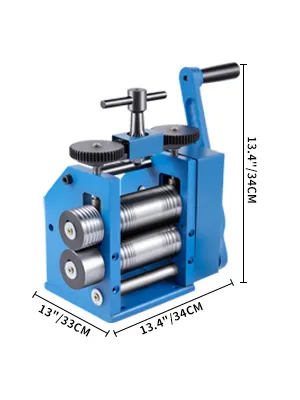blue VEVOR jewelry rolling mill, 13.4" height, 13" width, and 13.4" length.