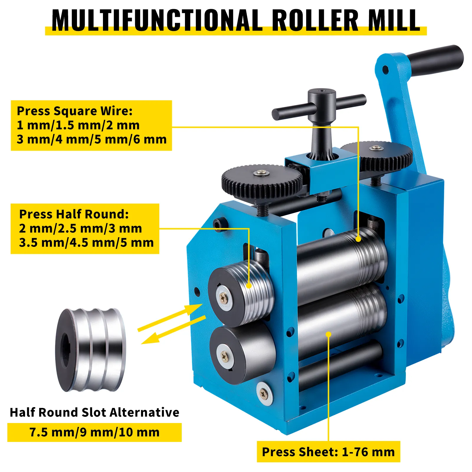 VEVOR jewelry rolling mill with various roller specifications for wire, half-round, and sheets.