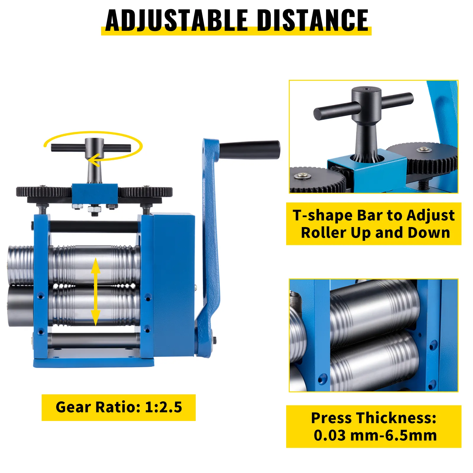 VEVOR jewelry rolling mill with adjustable distance, gear ratio 1:2.5, t-shaped bar.