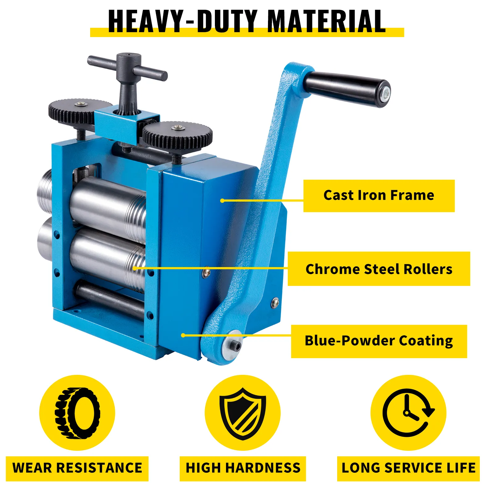 VEVOR jewelry rolling mill with cast iron frame, chrome steel rollers, and blue-powder coating.