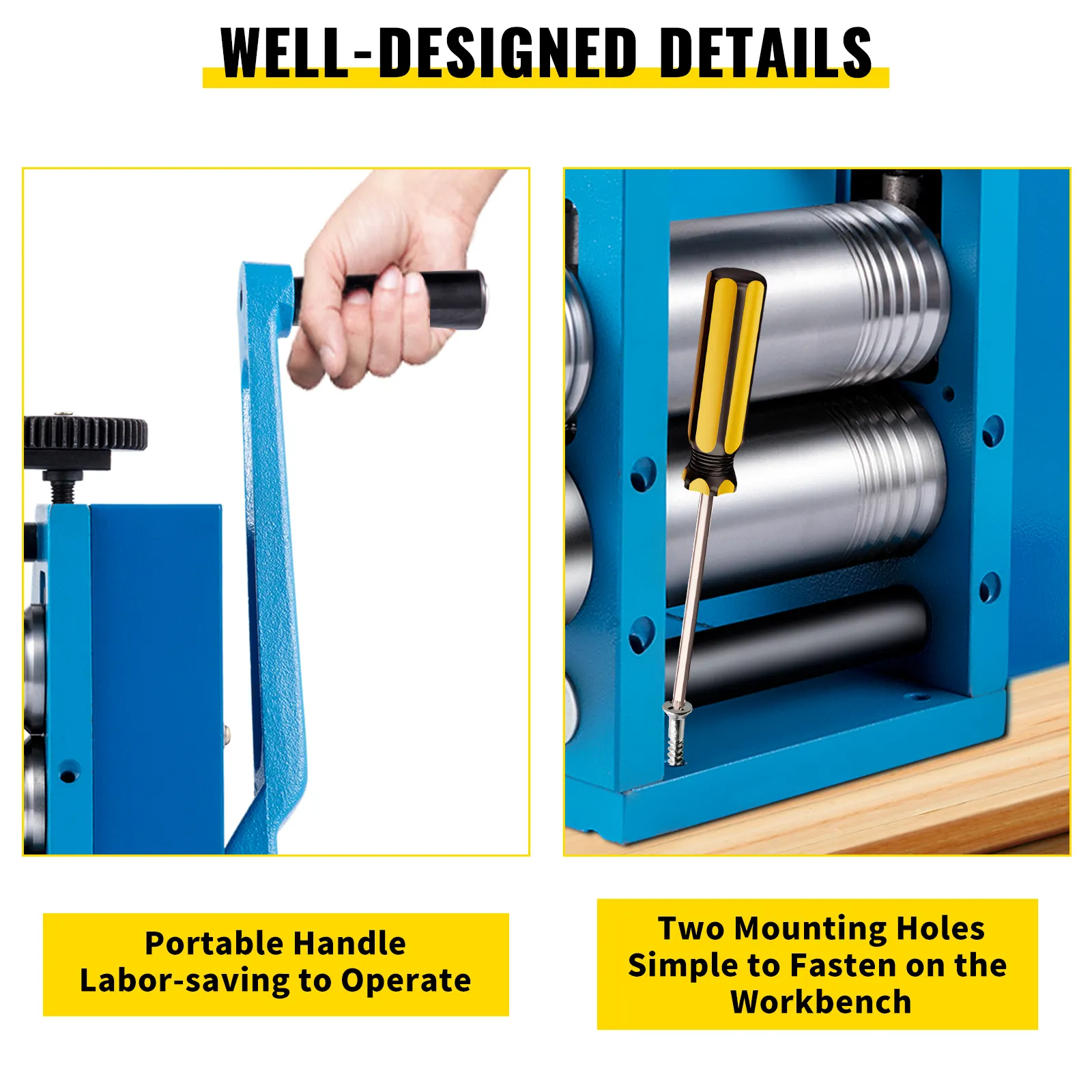 VEVOR jewelry rolling mill with a portable handle and simple mounting holes.