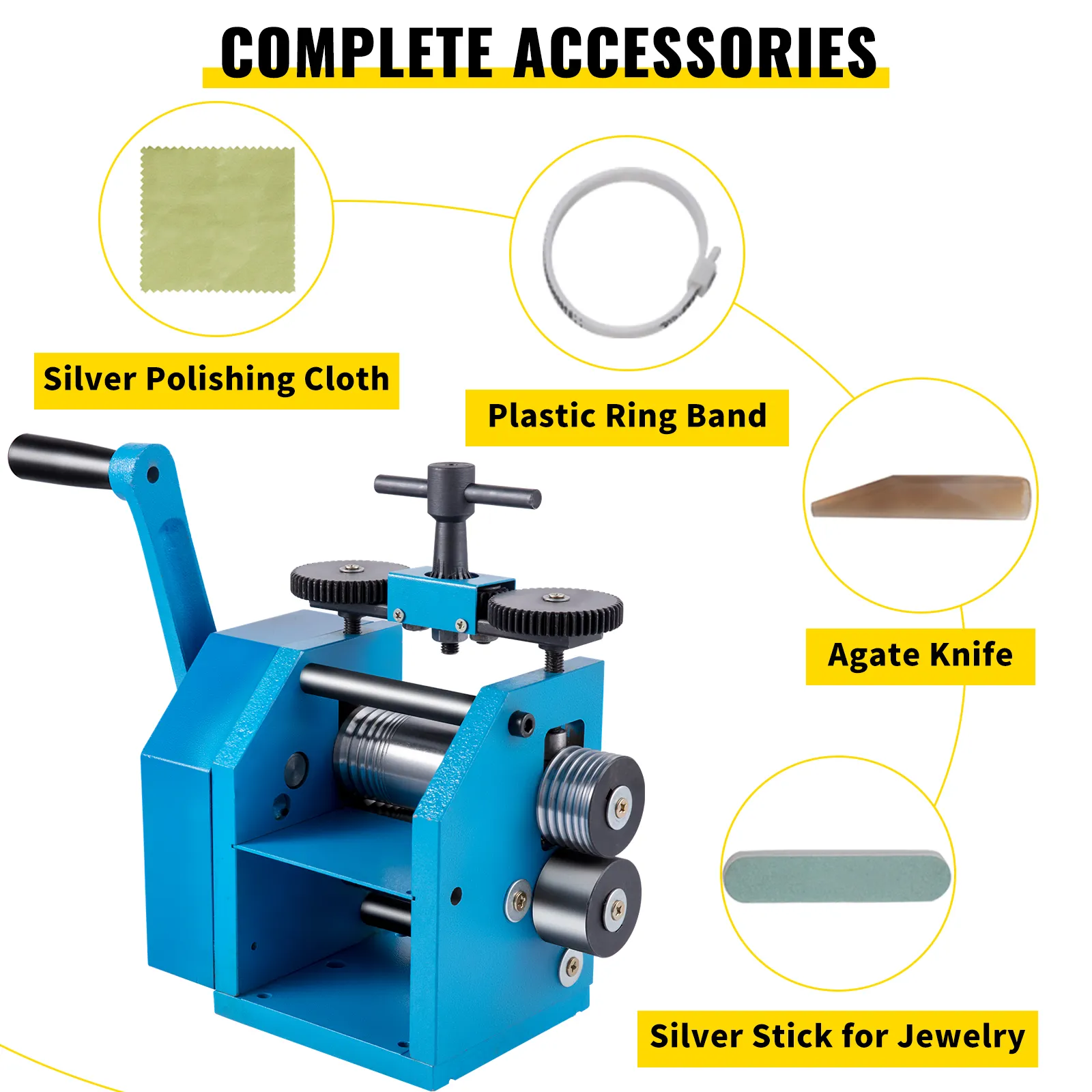 VEVOR jewelry rolling mill with silver polishing cloth, plastic ring band, agate knife.