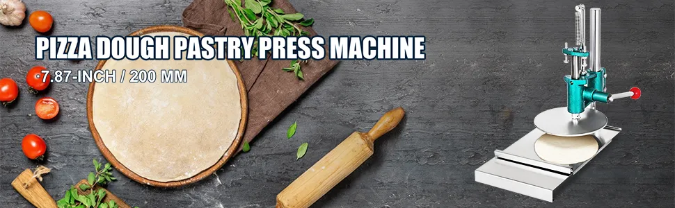 VEVOR dough sheeter with fresh pizza dough, rolling pin, and ingredients.