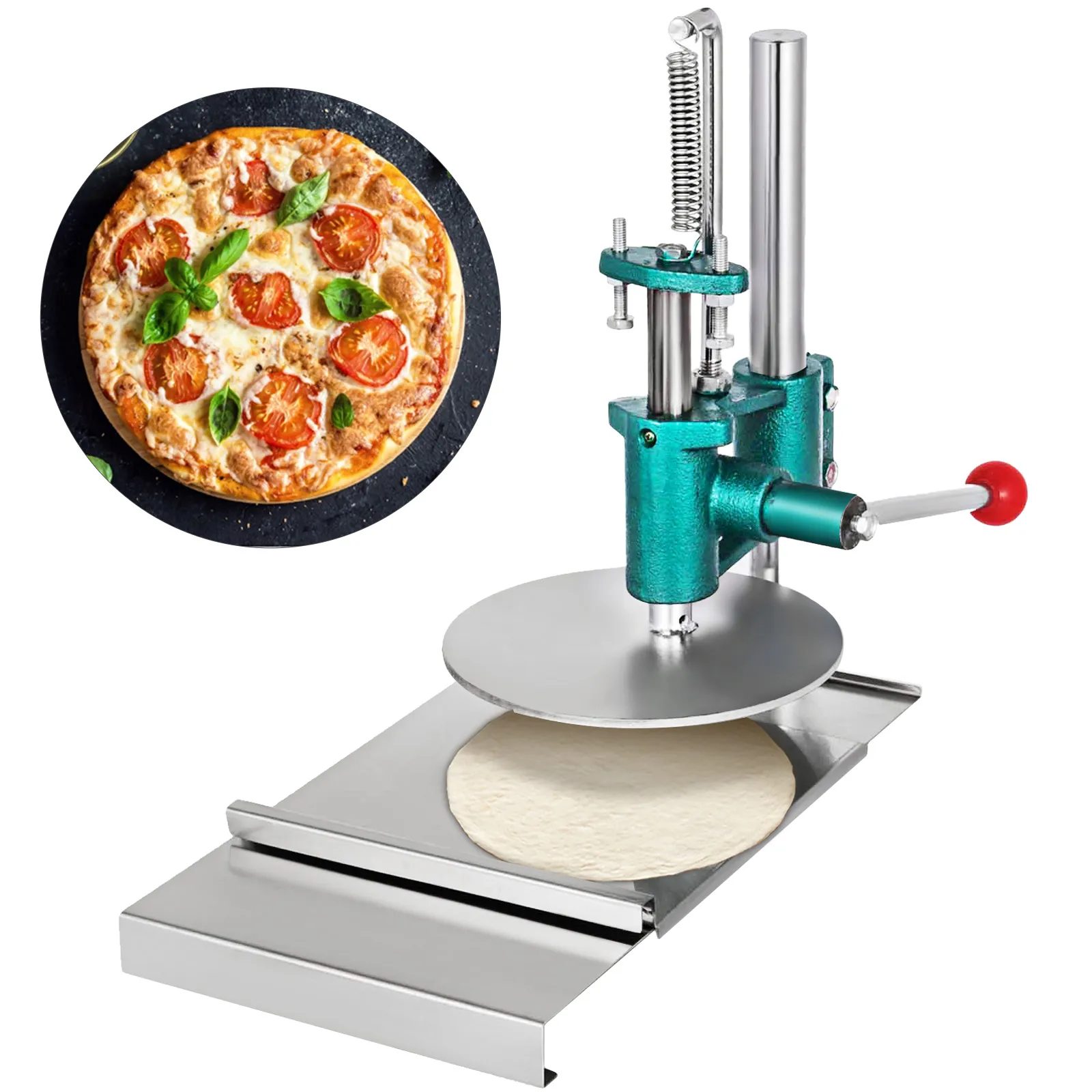 VEVOR dough sheeter with pizza and rolled dough.