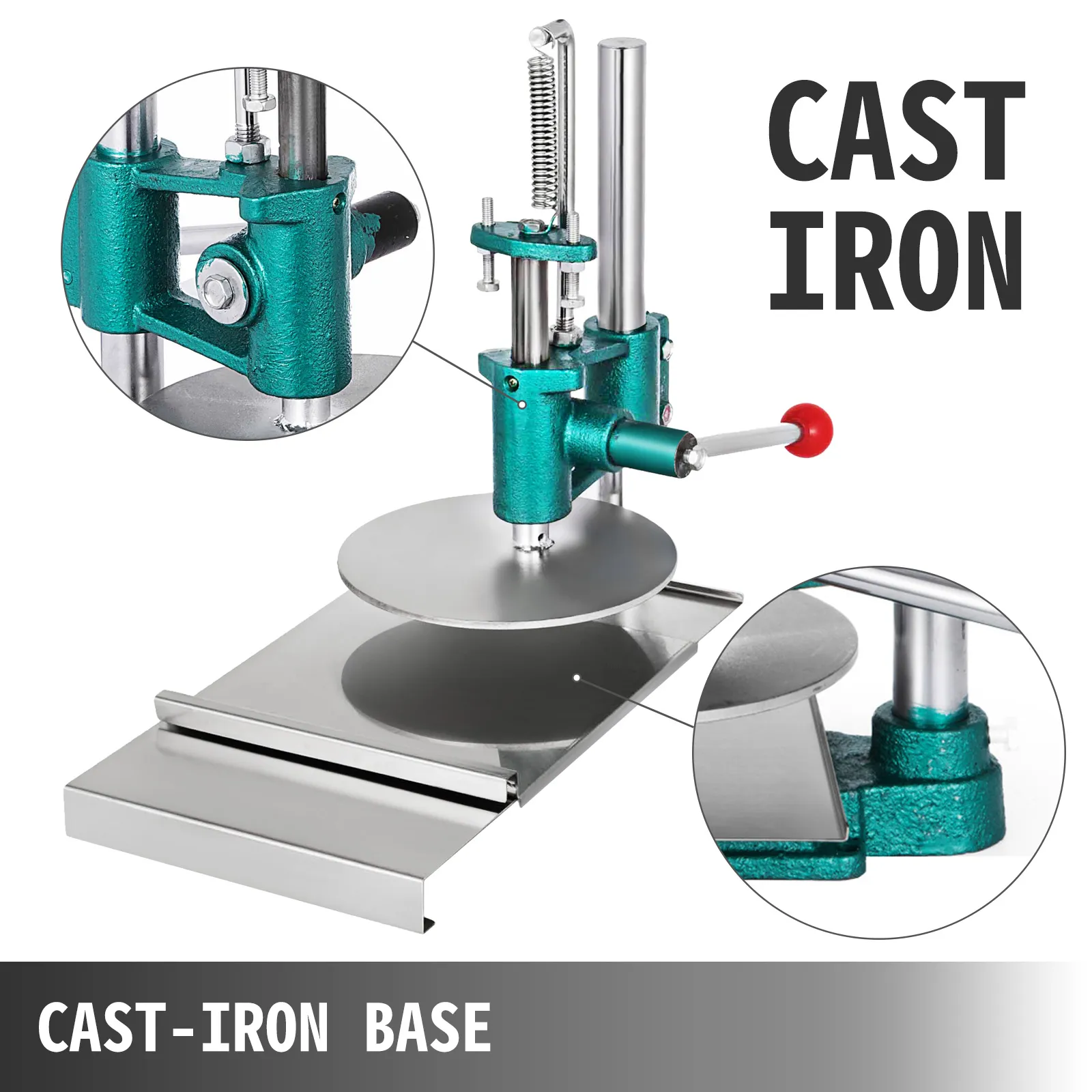 VEVOR dough sheeter with cast-iron base and adjustable handle.