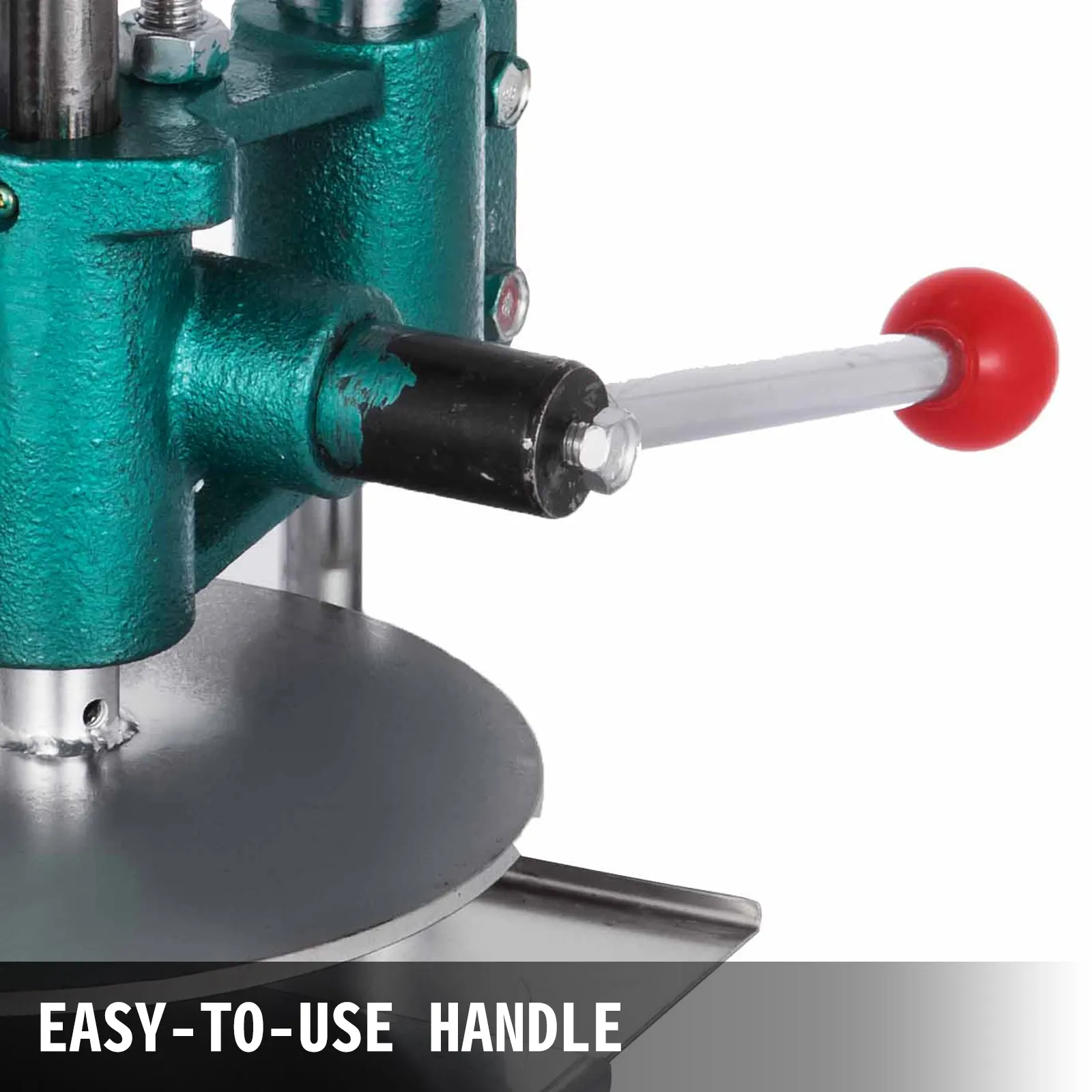 green metal handle and lever of VEVOR dough sheeter with red knob and easy-to-use label.