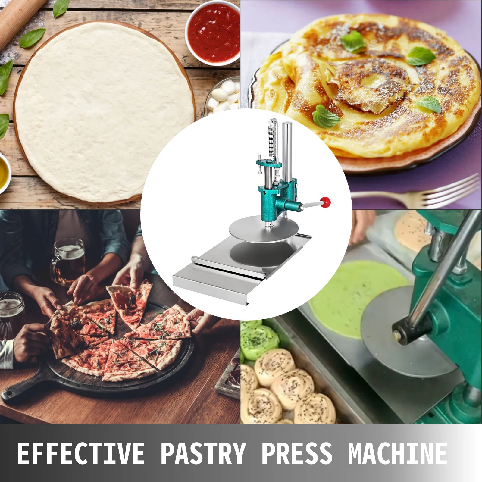 VEVOR dough sheeter showcased with pizza, pancake, and pastry applications.