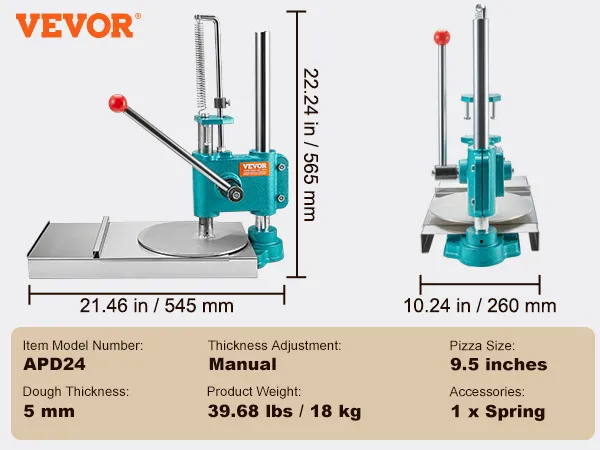 VEVOR pizza dough press machine, manual, apd24, 9.5-inch pizza, 5mm dough, 39.68 lbs / 18 kg, 1 x spring.