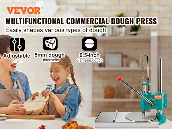 VEVOR pizza dough press machine with adjustable height, 5mm dough thickness, and 9.5-inch diameter dough.
