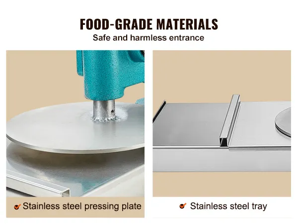 food-grade stainless steel pressing plate and tray on the VEVOR pizza dough press machine.
