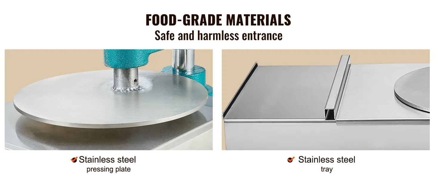 food-grade stainless steel pressing plate and tray on the VEVOR pizza dough press machine.