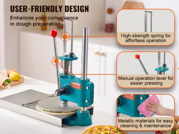 VEVOR pizza dough press machine with spring and lever in a kitchen setting for easy dough prep.