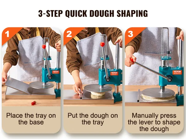 3-step process using VEVOR pizza dough press machine: place tray, add dough, pull lever to shape.