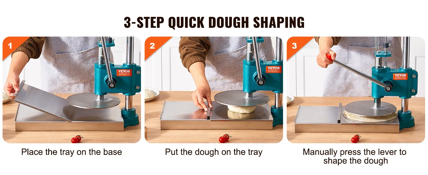 3-step process using VEVOR pizza dough press machine: place tray, add dough, pull lever to shape.