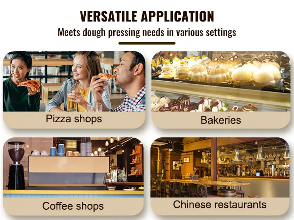 VEVOR pizza dough press machine application in pizza shops, bakeries, coffee shops, and chinese restaurants.