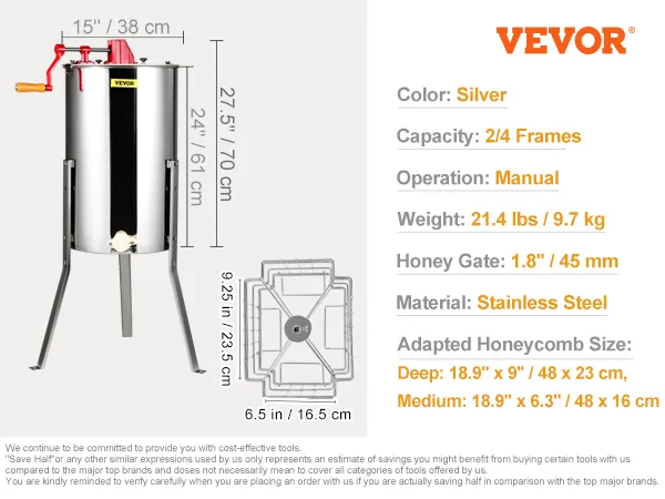 VEVOR honey extractor, 2/4 frames, stainless steel, manual, 21.4 lbs, silver, 1.8-inch honey gate.