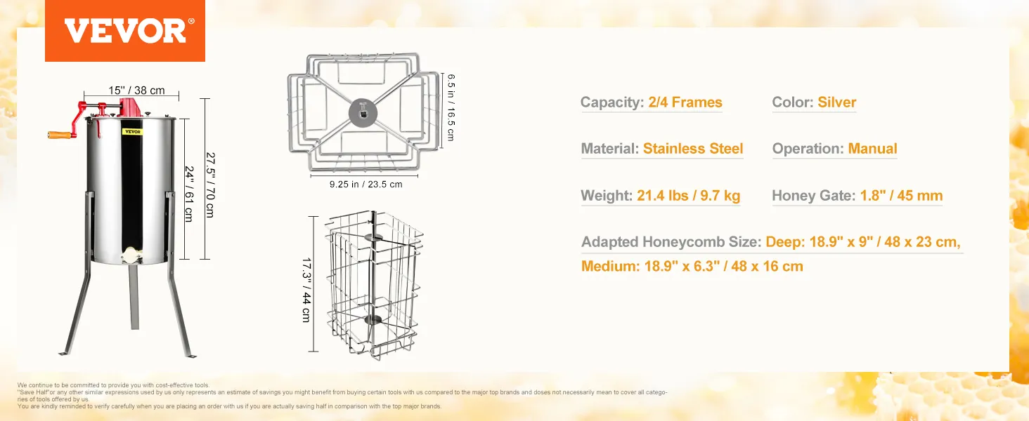 VEVOR honey extractor, 2/4 frames, stainless steel, manual, 21.4 lbs, silver, 1.8-inch honey gate.