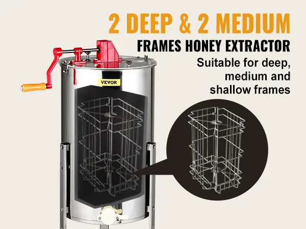 VEVOR honey extractor, 2 deep & 2 medium frames, suitable for deep, medium, and shallow frames.