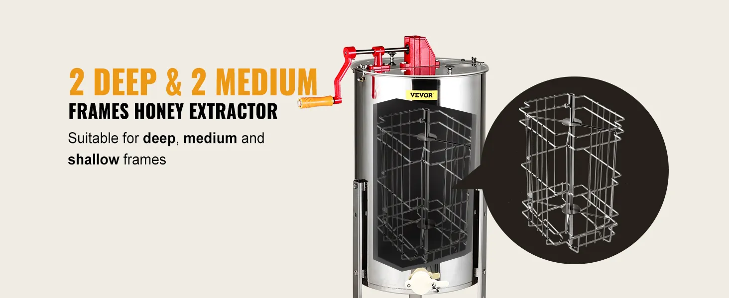 VEVOR honey extractor, 2 deep & 2 medium frames, suitable for deep, medium, and shallow frames.