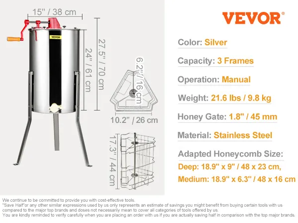 VEVOR honey extractor with 3 frames, stainless steel body, manual operation, and 1.8" honey gate.