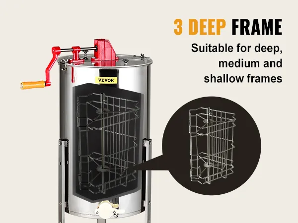 VEVOR honey extractor for 3 deep frames, suitable for deep, medium, and shallow frames.