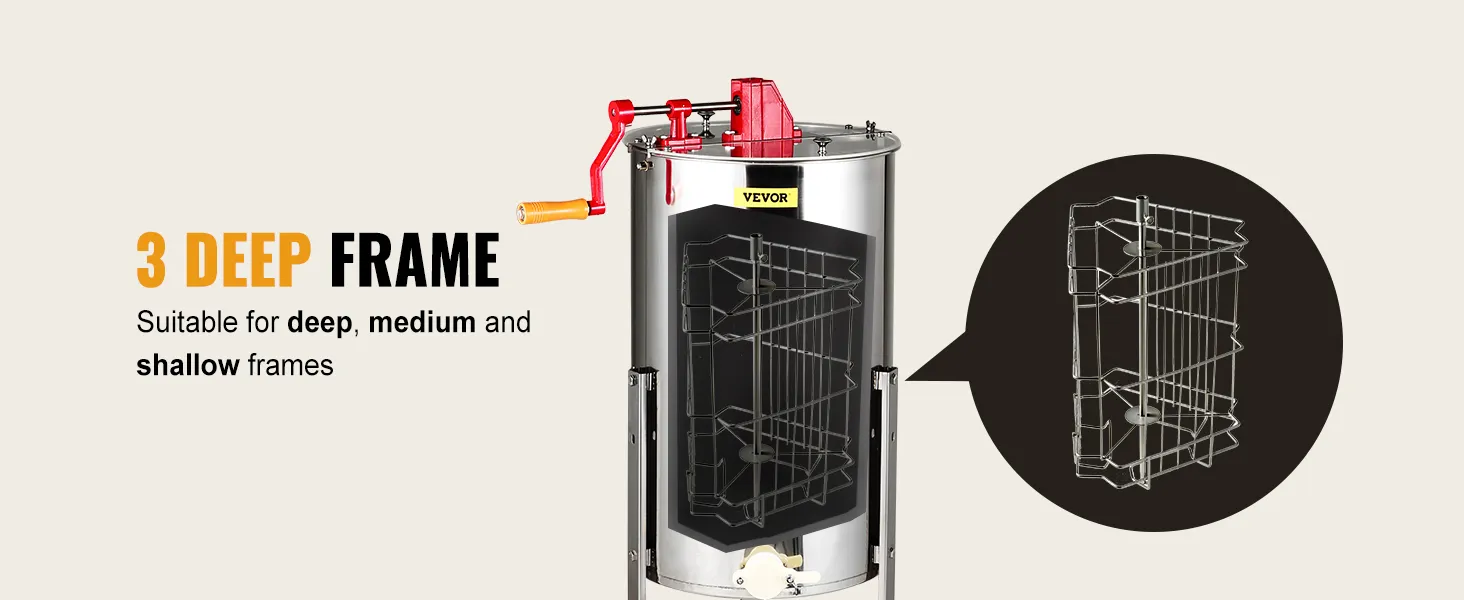 VEVOR honey extractor for 3 deep frames, suitable for deep, medium, and shallow frames.