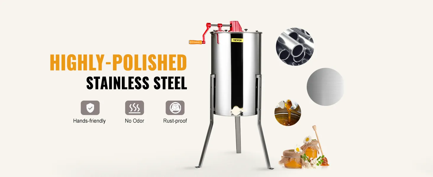 VEVOR honey extractor, highly-polished stainless steel, rust-proof, hands-friendly, no odor, honey jars.