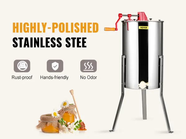 VEVOR honey extractor, highly-polished stainless steel, rust-proof, hands-friendly, no odor, honey jars.