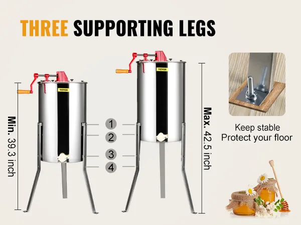 VEVOR honey extractor with height-adjustable legs for stability, ranging from 39.3 to 42.5 inches.