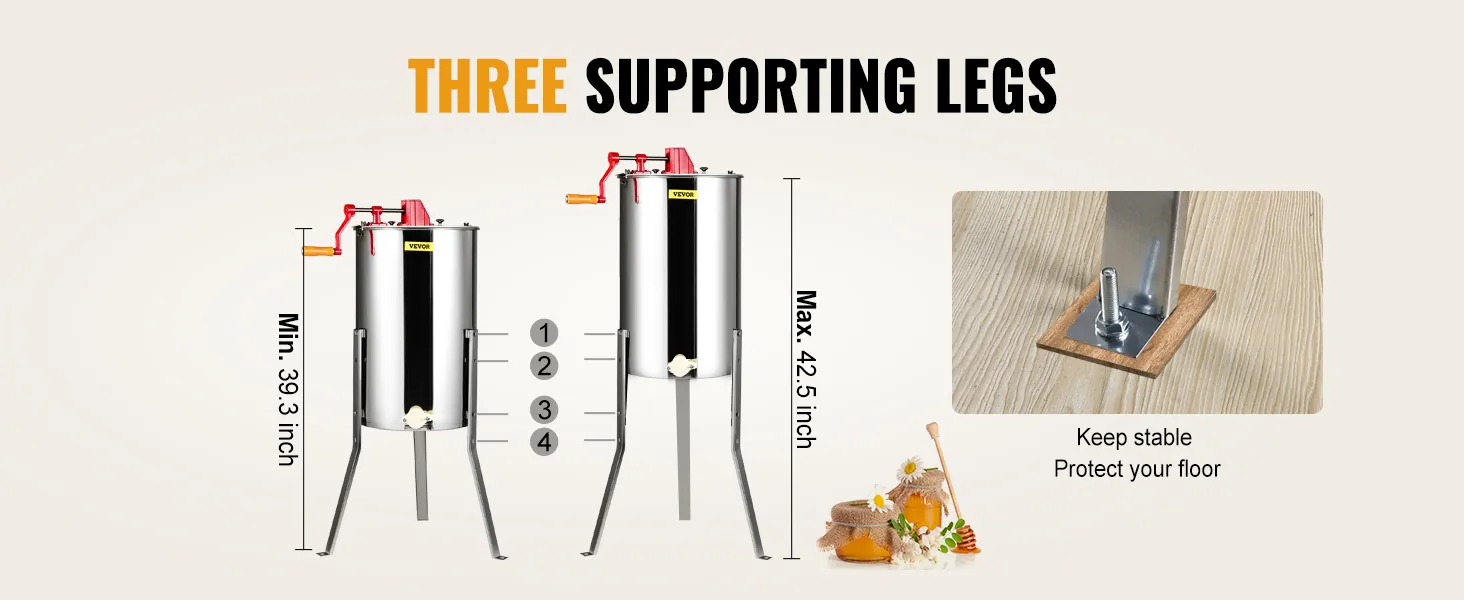 VEVOR honey extractor with height-adjustable legs for stability, ranging from 39.3 to 42.5 inches.
