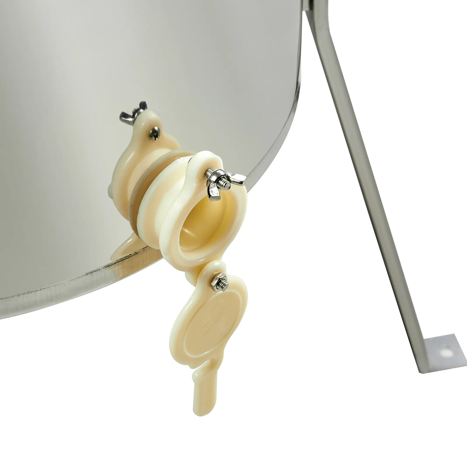 VEVOR honey extractor spout with clamp attached to stainless steel barrel.