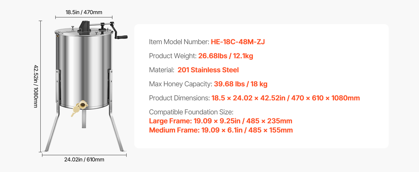 Manual Honey Extractor 4/6 Frame Beekeeping Honeycomb