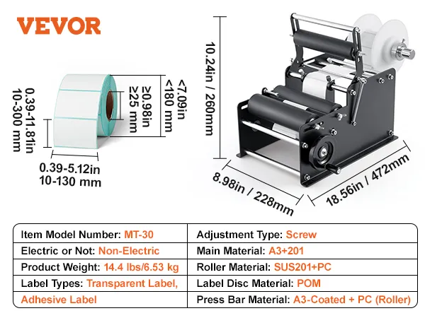 VEVOR manual round labeling machine, mt-30, non-electric, dimensions and material specifications.