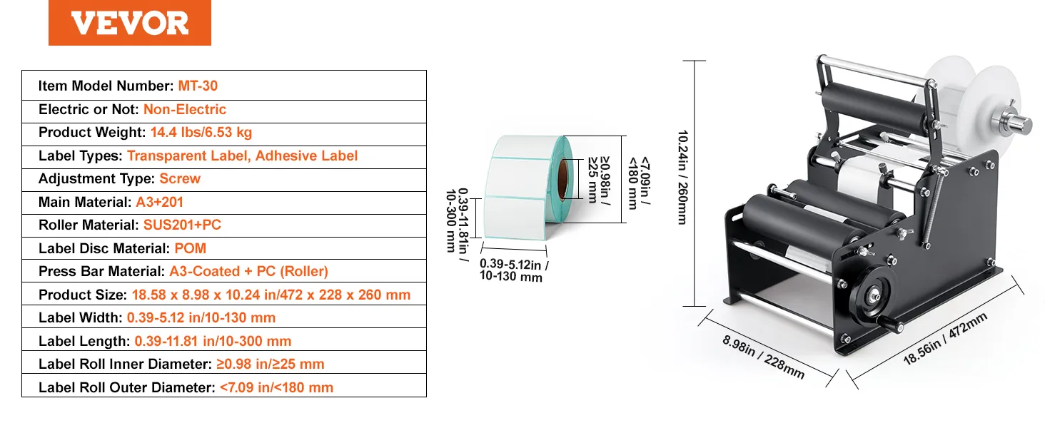 VEVOR manual round labeling machine, mt-30, non-electric, dimensions and material specifications.
