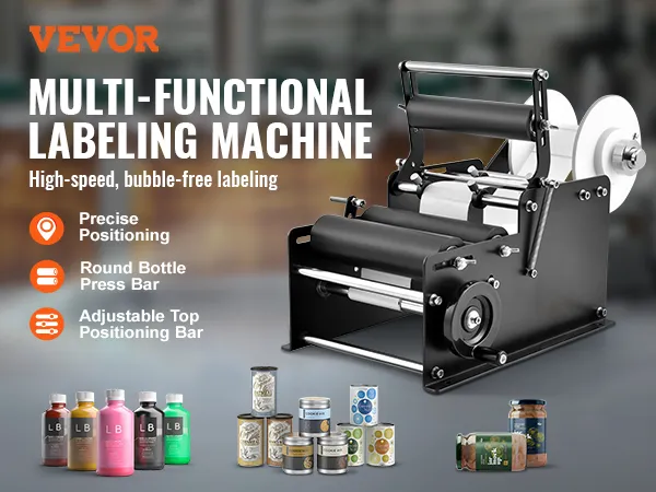 VEVOR manual round labeling machine for high-speed, bubble-free labeling with precise positioning.