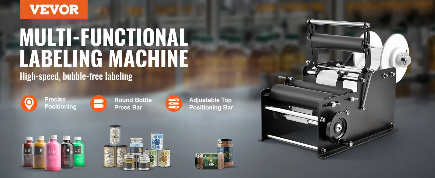 VEVOR manual round labeling machine for high-speed, bubble-free labeling with precise positioning.