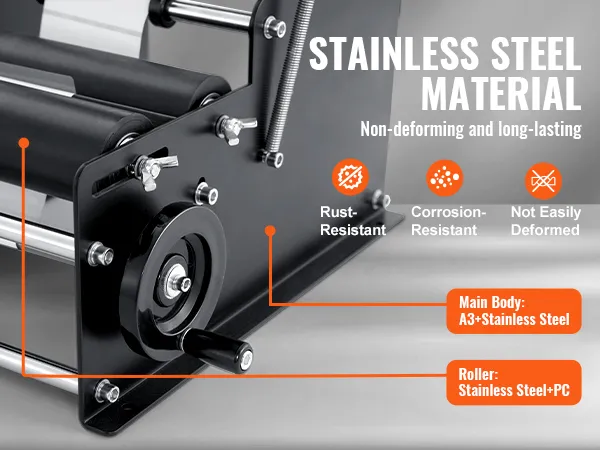 VEVOR manual round labeling machine with stainless steel material and corrosion-resistant roller.