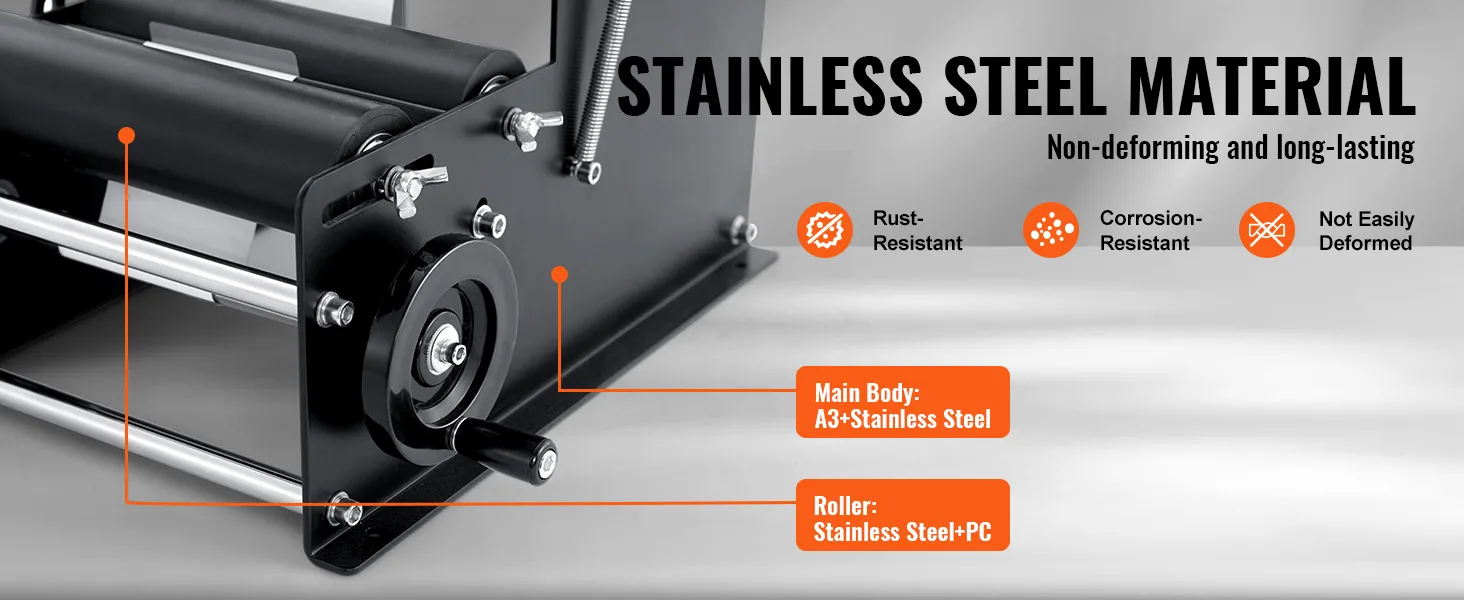 VEVOR manual round labeling machine with stainless steel material and corrosion-resistant roller.
