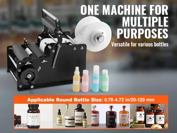 VEVOR manual round labeling machine for versatile bottle types, suitable for biomedical, skincare, wine, and seasoning bottles.