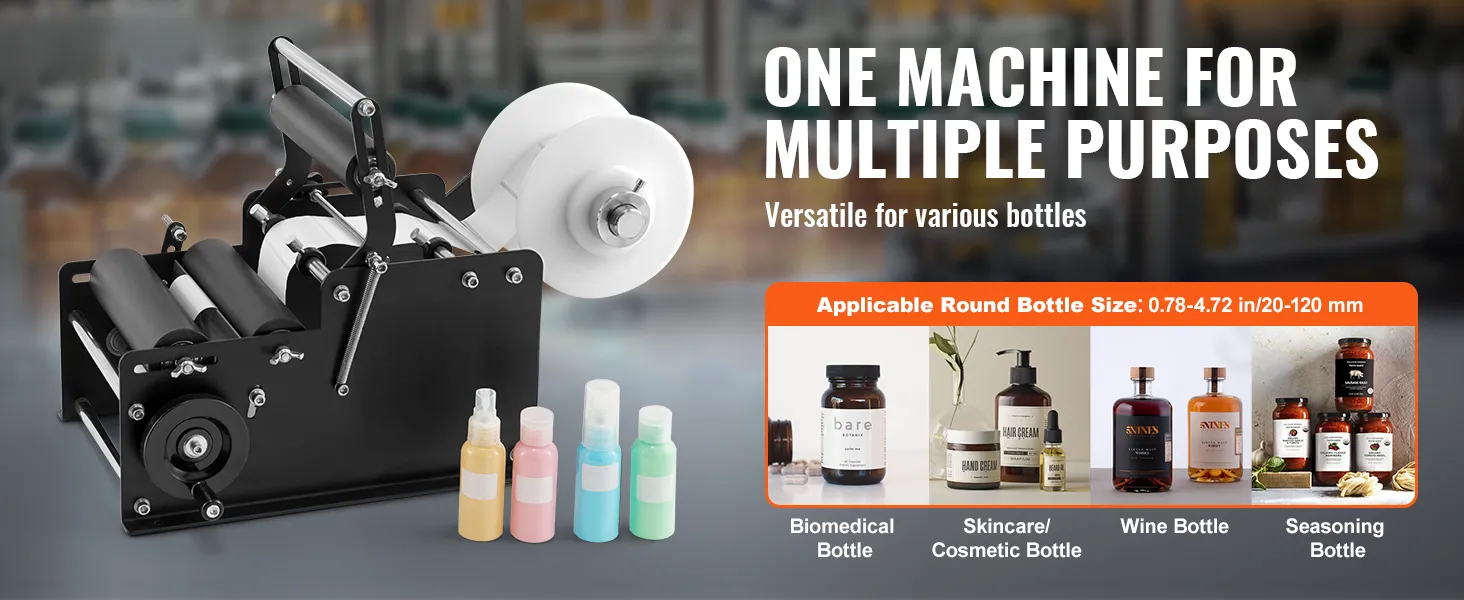 VEVOR manual round labeling machine for versatile bottle types, suitable for biomedical, skincare, wine, and seasoning bottles.
